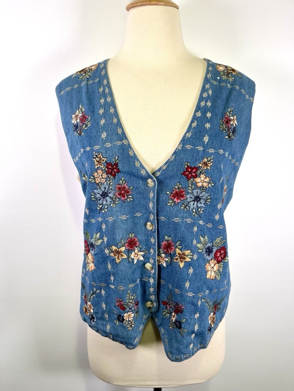 VTG 90s Agapo Embroidered Floral Denim Vest Large Granny Boho Cottage Prairie